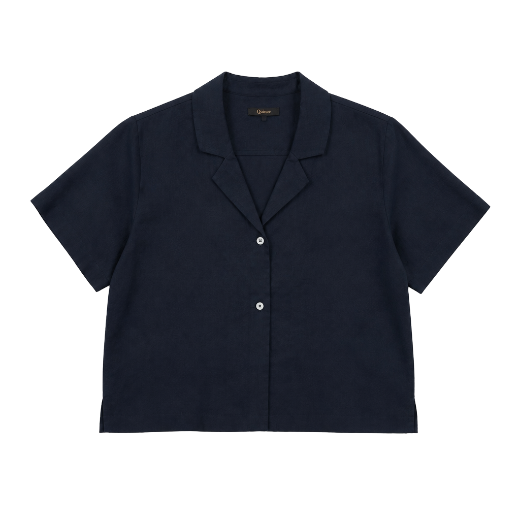 Quince Camp Shirt Size S Navy Linen Short Sleeve Button Down Top 1