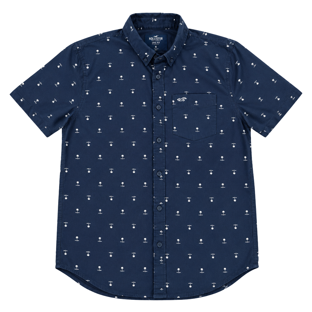 Hollister Epic Flex Stretch Button Up Shirt Size M Navy Blue Palm Tree Print 1
