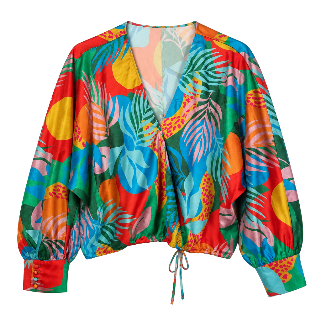 VICI Women's Multi-Color Tropical Leaf Print V-Neck Long Sleeve Blouse 1