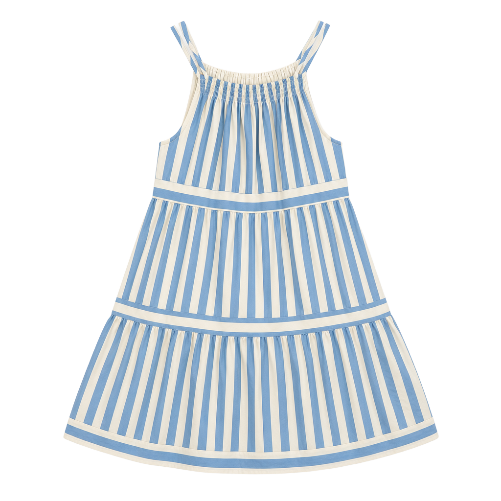 Entro Blue and White Striped Sleeveless Tiered Midi Dress 1