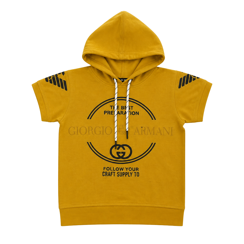 Snow Ice Yellow Short Sleeve Hooded Sweatshirt With Graphic Print 1