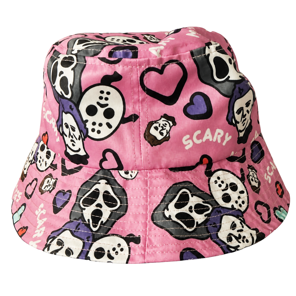 Ghost Face and Jason Voorhees Horror Movie Pink Graphic Print Bucket Hat 1