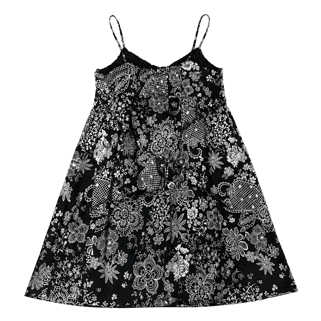 No Boundaries Juniors Cotton Black and White Lace Print Spaghetti Strap Sundress 1
