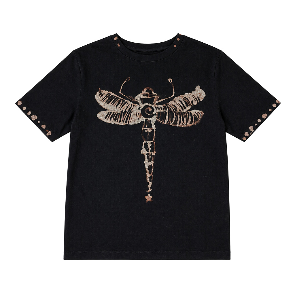 Hand-Painted Bleach Dragonfly Black Short Sleeve Girls Crop Top 1