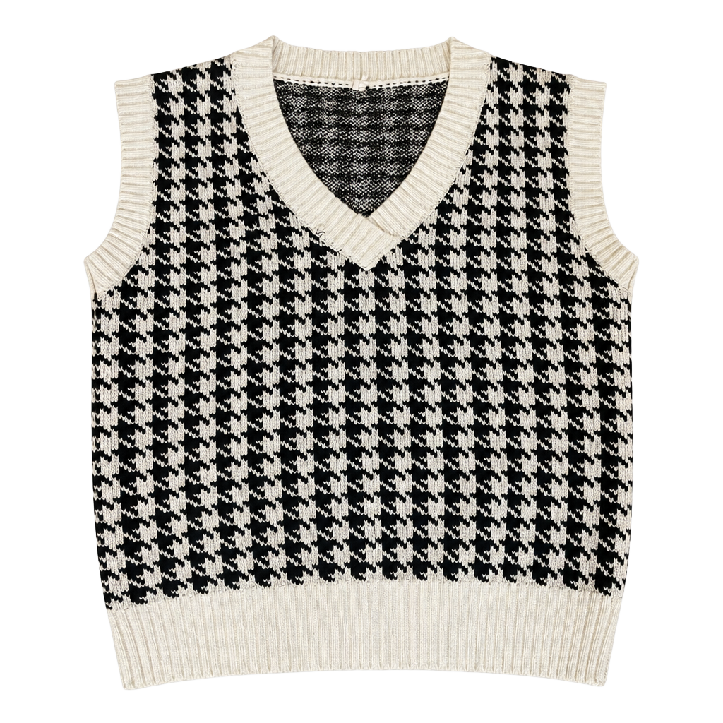 Women's Oversized Houndstooth V-Neck Knit Sweater Vest Black & White 1