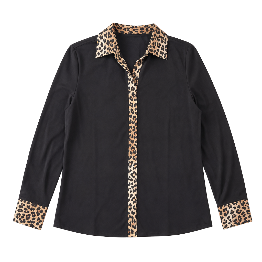 Chico's No-Iron Button Down Blouse with Leopard Print Trim 1