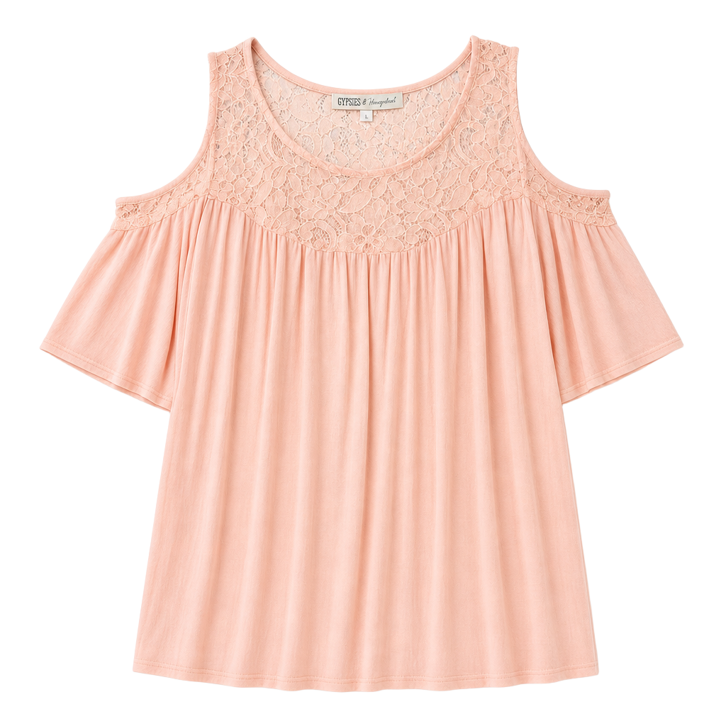 Gypsies & Moondust Dusty Pink Lace Yoke Cold Shoulder Top 1
