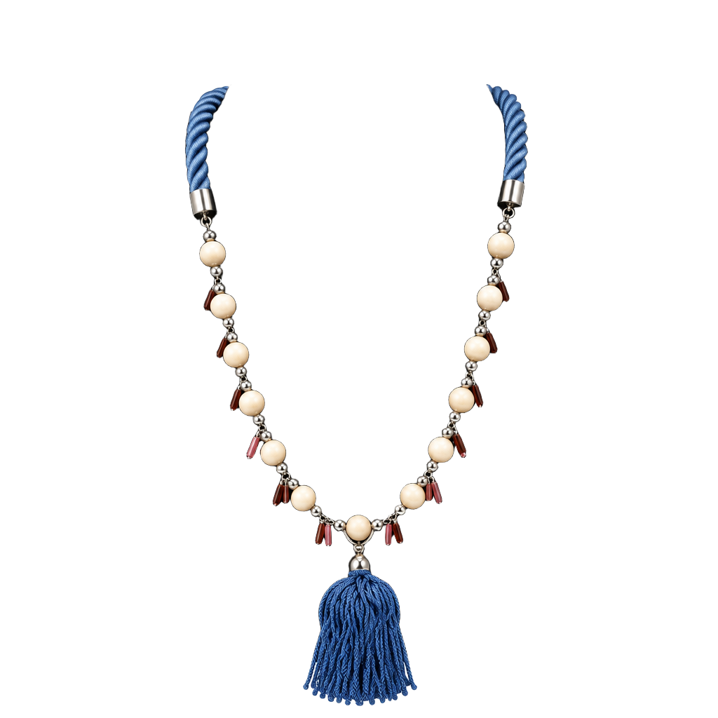 Charming Charlie Blue Cord And Peach Bead Tassel Necklace 1