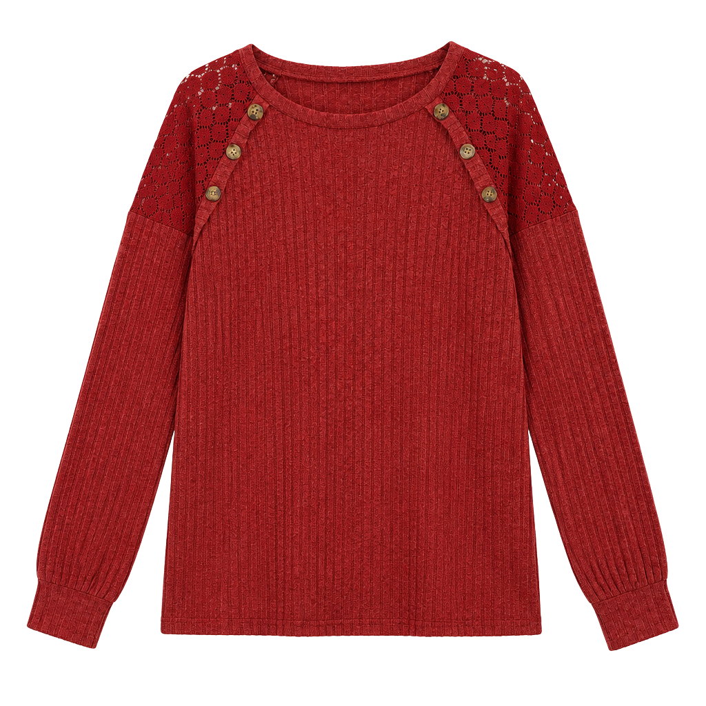 Red Ribbed Knit Top With Lace And Button Accents 1