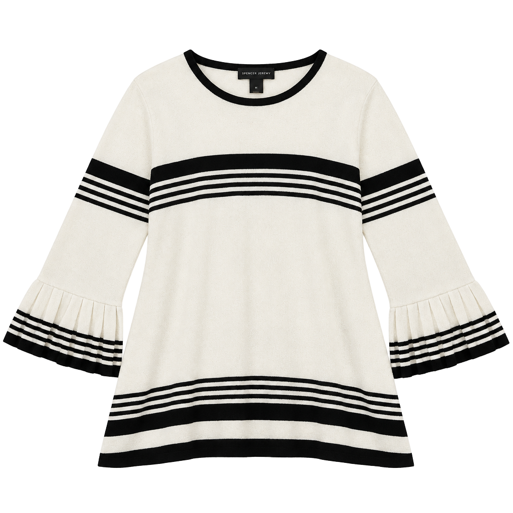 Investments Striped Sweater XL White Black Pleated Bell Sleeve Knit Top 1
