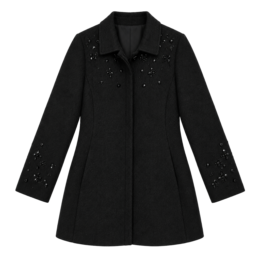 Chico's Black Embellished Jacquard Coat Size 3 Black Beaded Jacket 1