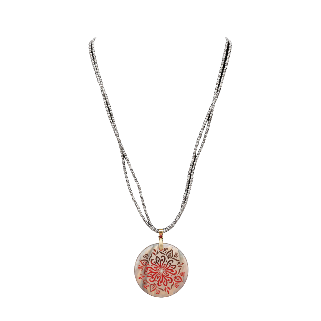 Unbranded Beaded Pendant Necklace Round Carved Shell Boho 24 Inch 1