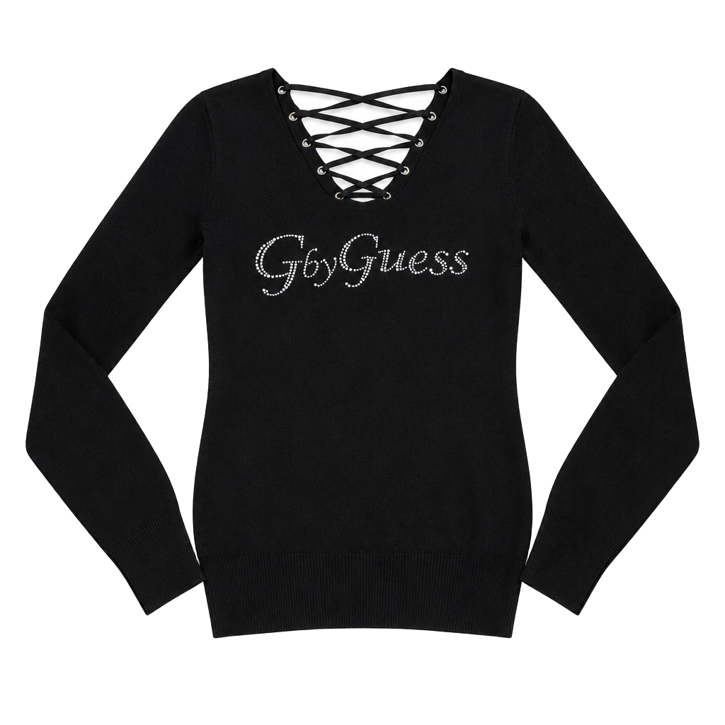 G by Guess Black Rhinestone Logo Laced Back Sweater 1