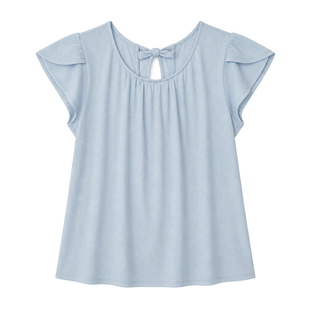 Julia by LoveJ Light Blue Ribbed Flutter Sleeve Tie-Back Blouse 1