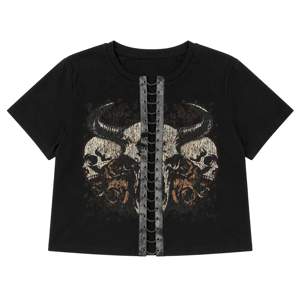 Cosmic Aura Skull & Rose Chains Lace-Up Crop T-Shirt 1