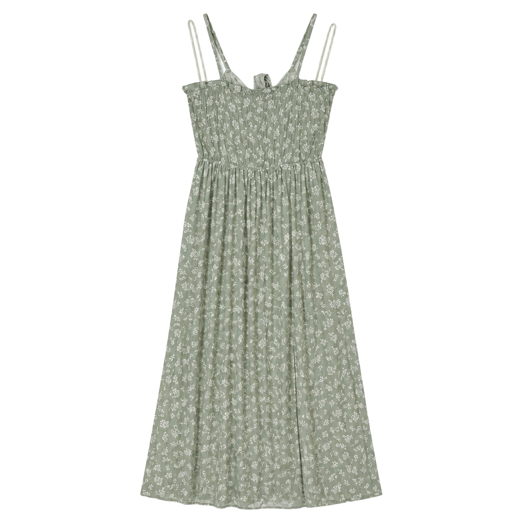 Kiwi + Punch LMD8383 Floral Tie in the back Smocked Maxi Dress in Artichoke with slits on both sides 1