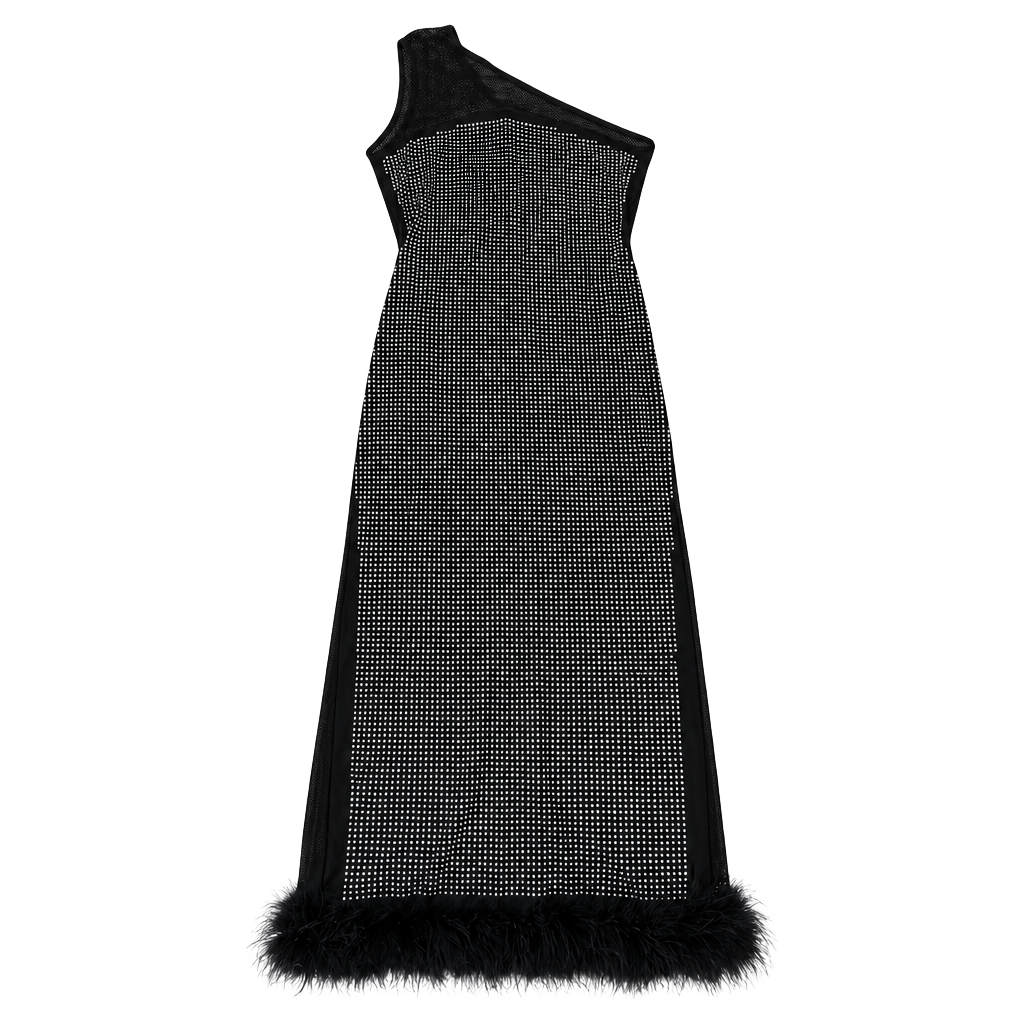 Aclosy Rhinestone Mesh Feather Bandage Dress Size XXL Black One-Shoulder 1