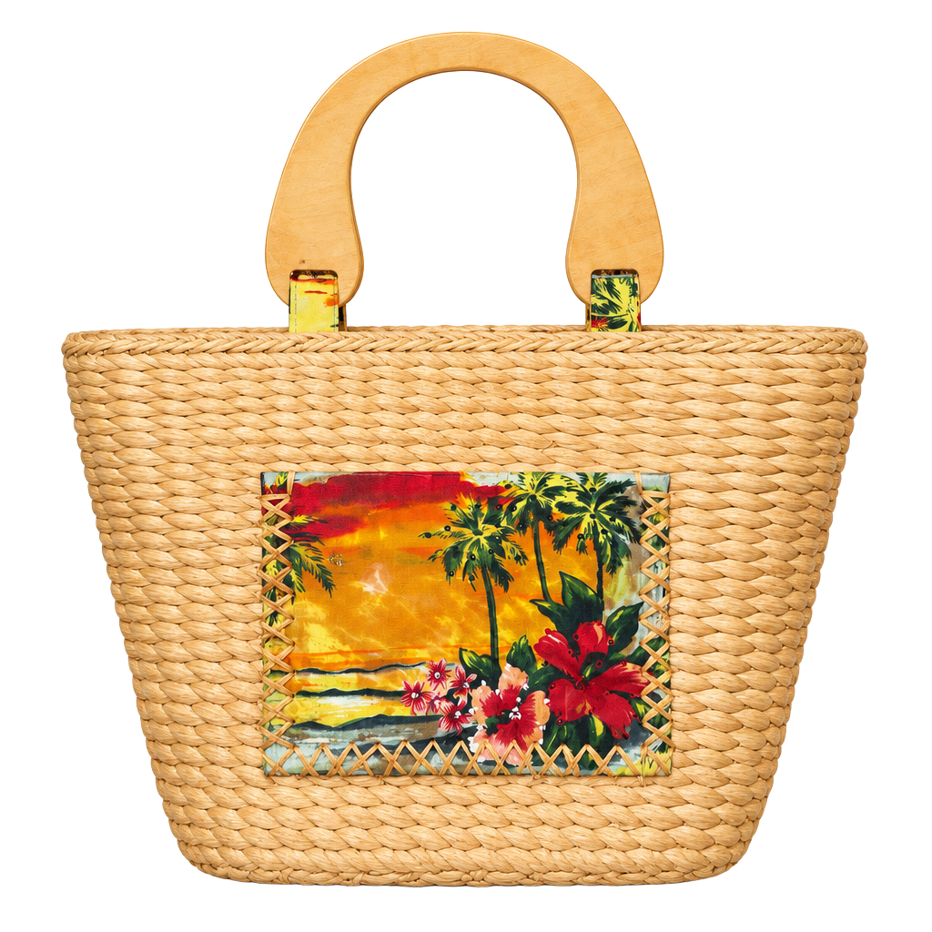 Sun N Sand Straw Handbag Tropical Floral Wood Handles 1
