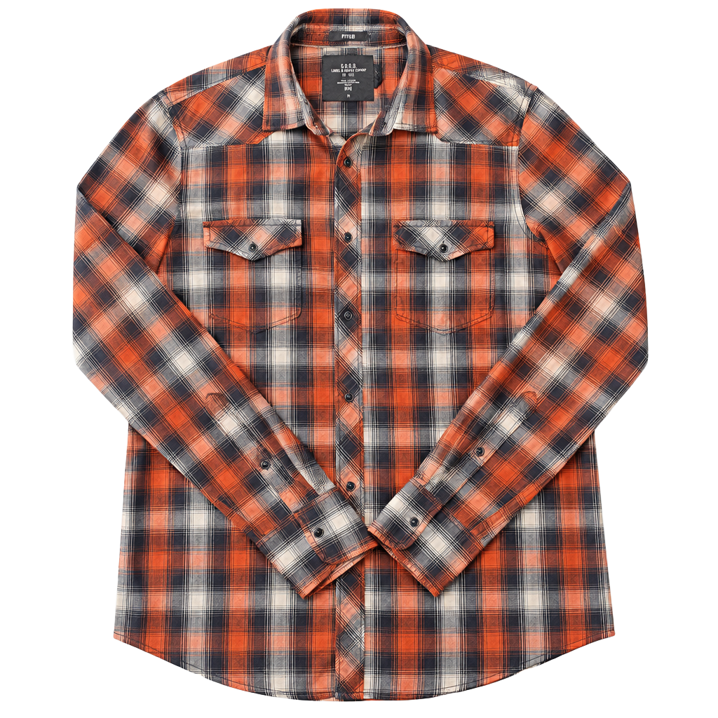 H&M L.O.G.G. Plaid Western Shirt Orange Navy Fitted 1
