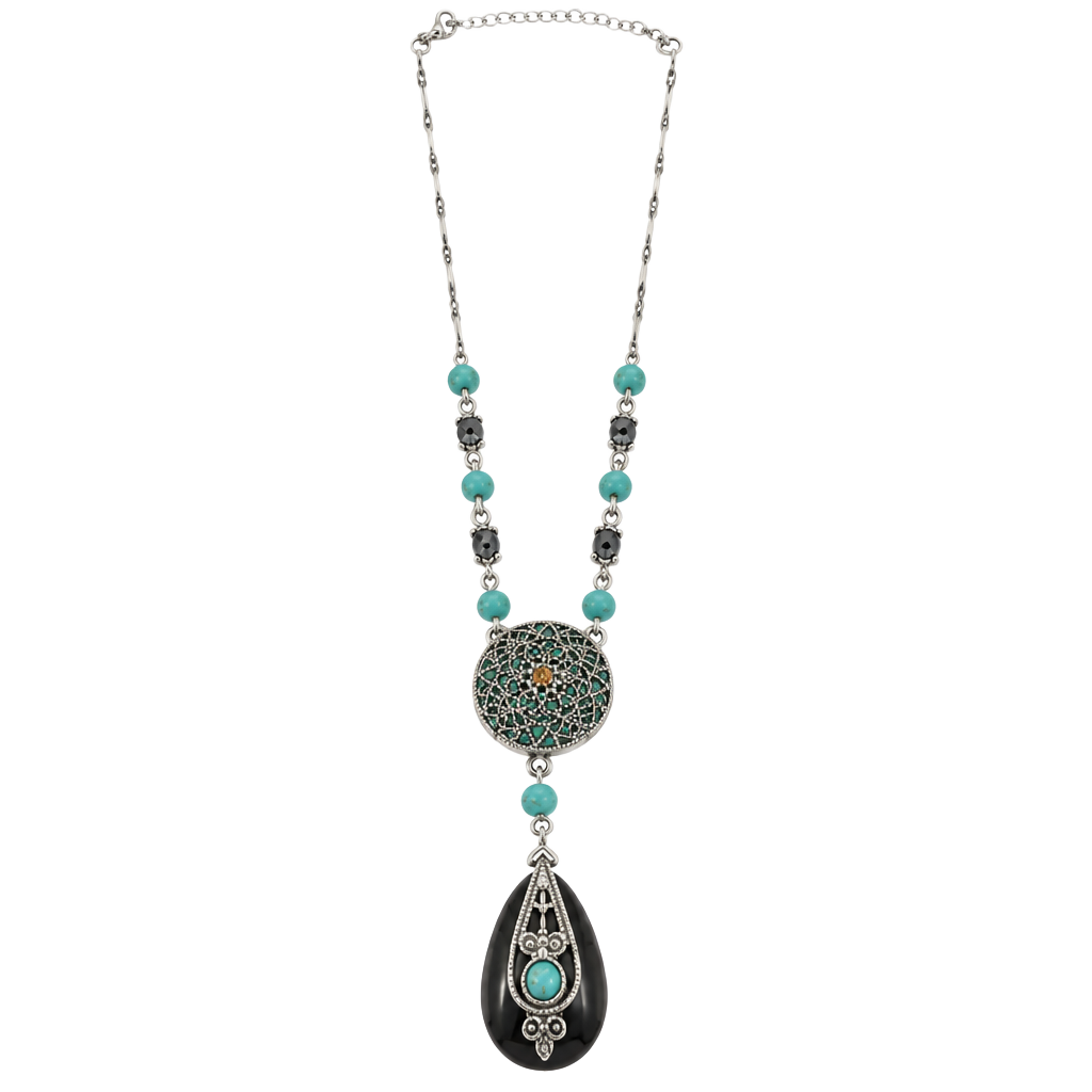 Avon Beaded and Filigree Necklace Turquoise Black Silver Tone Pendant 1