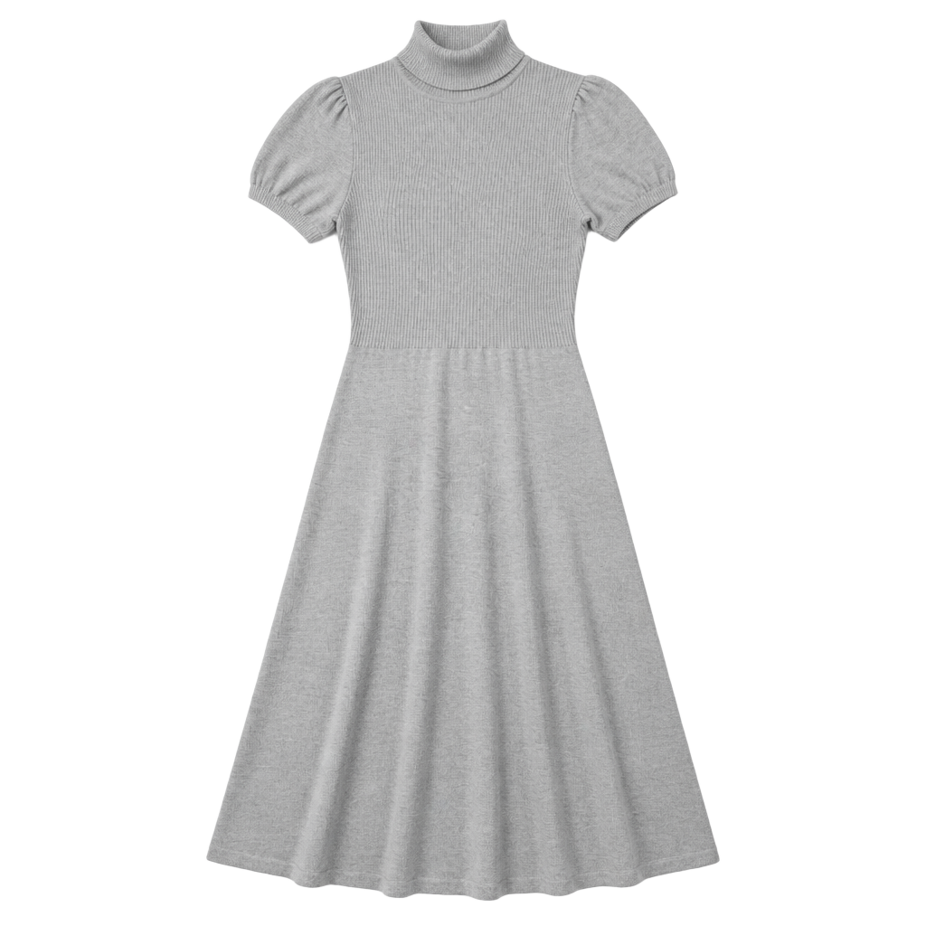 Zara Thick Knit Short Sleeve Turtleneck Midi Sweater Dress Grey 1