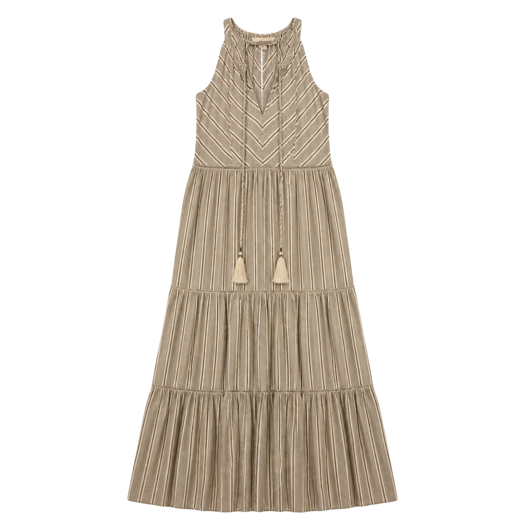 Love the Label Striped Tiered Maxi Dress with Tassel Detail and Gold Metallic Thread Size S 1