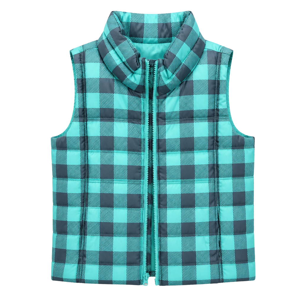 So Girls Puffy Vest Jacket Checkered Green and Black 1