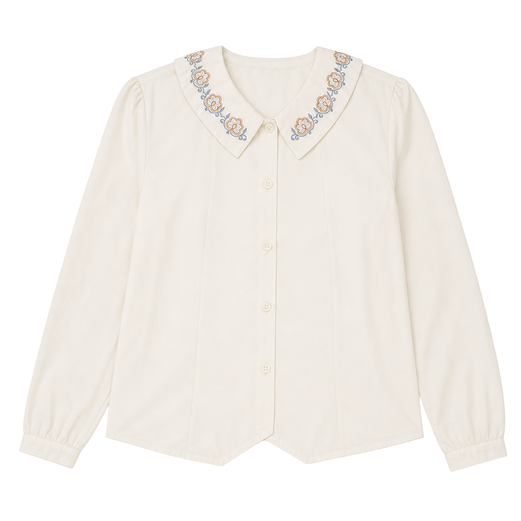 Vintage Long Sleeve Cream Blouse with Floral Embroidered Collar 1