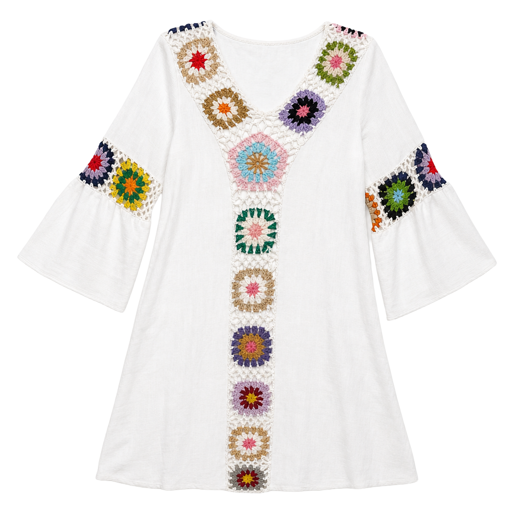 3/4 Sleeve White Crochet Floral Tunic 1