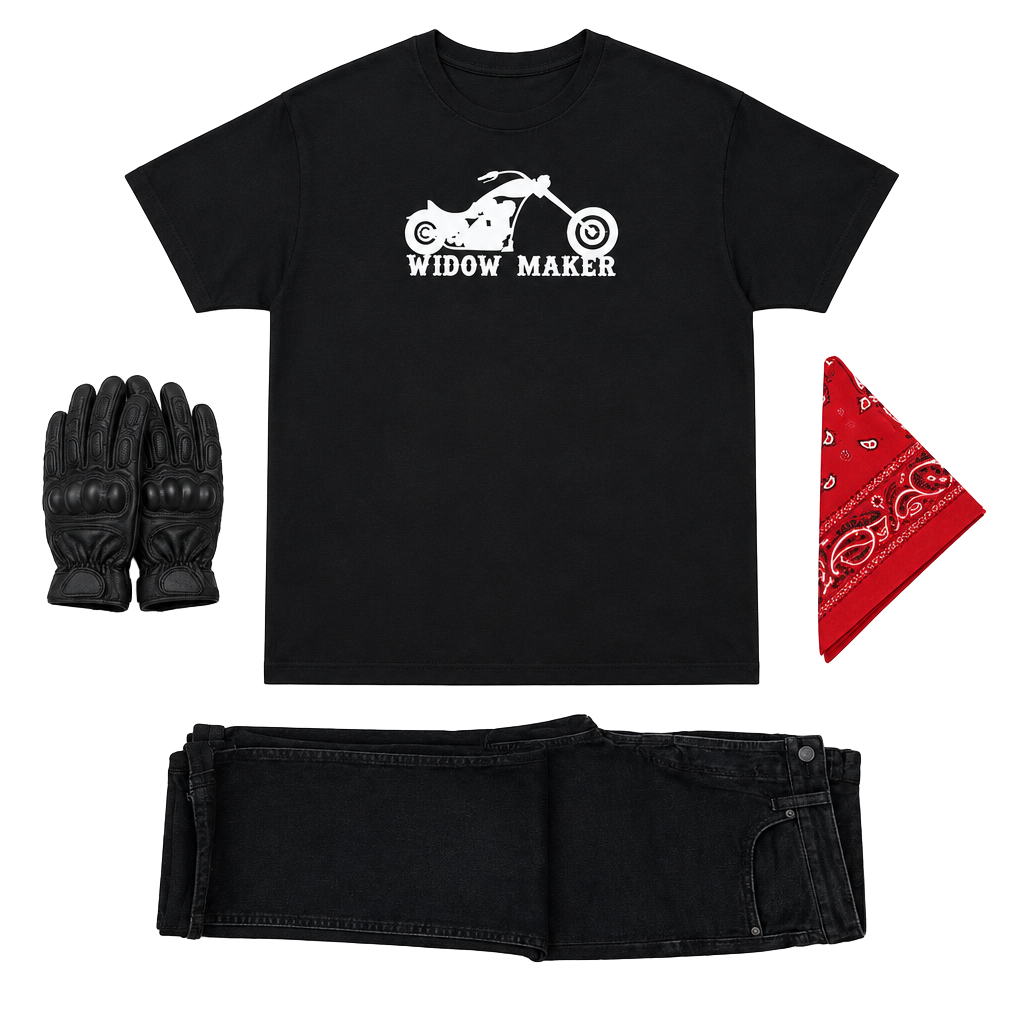Black Tee with White 'Widow Maker' Motorcycle Graphic 1