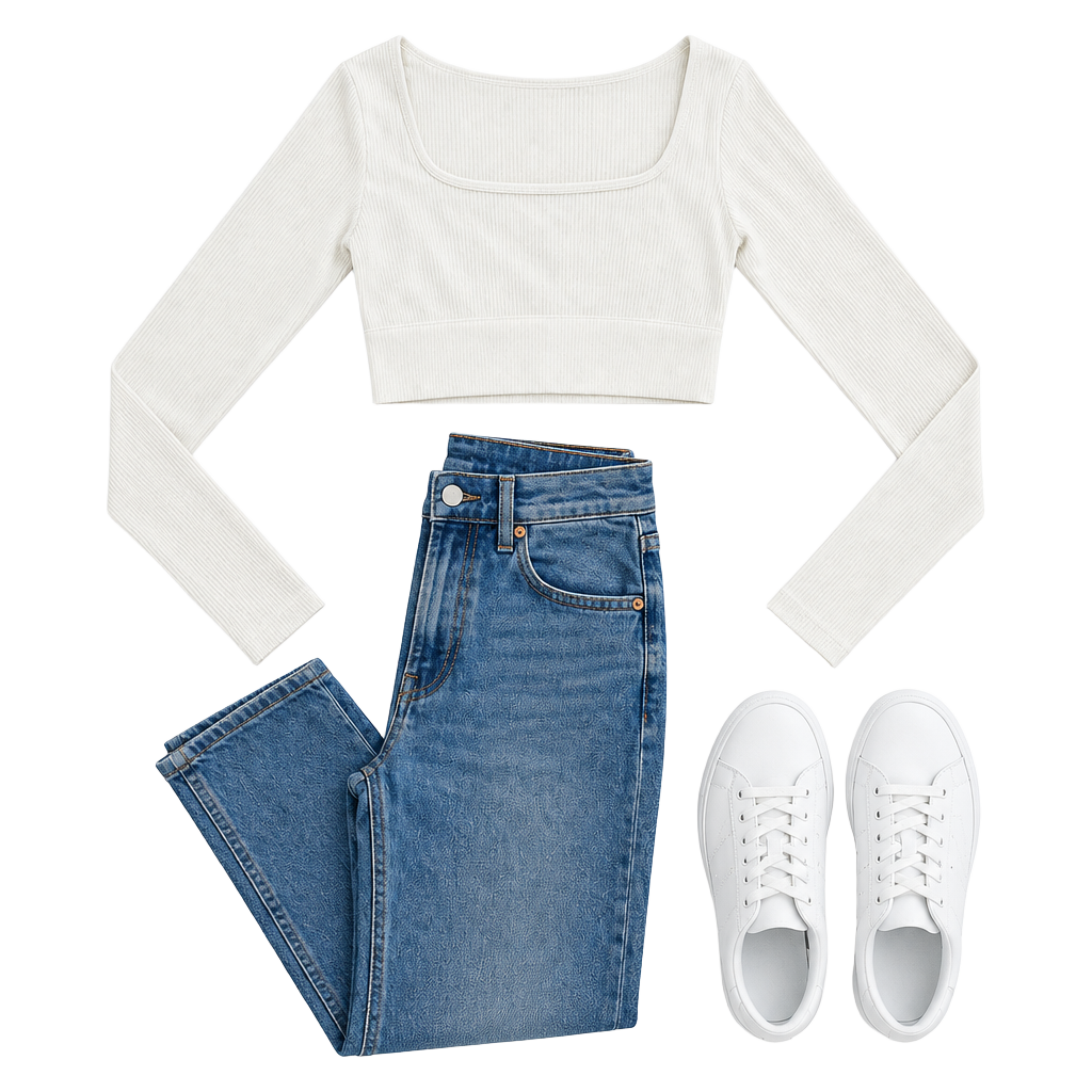 Cream Ivory Ribbed Long Sleeve Crop Top 1