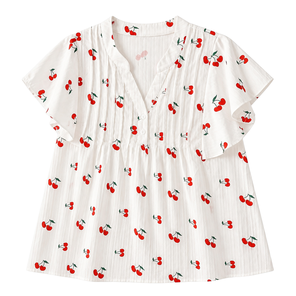 SHEIN Cherry Print Flounce Sleeve Collared V-Neck Blouse 1