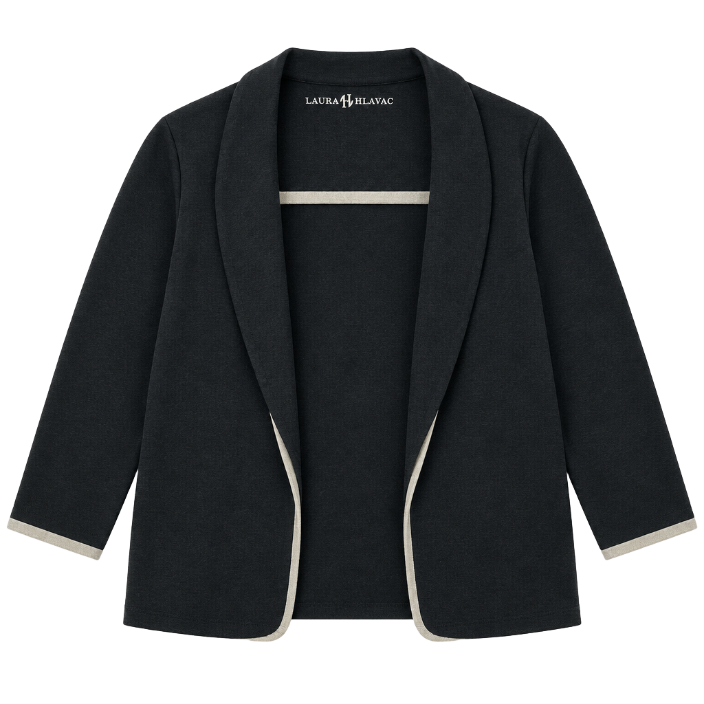 Laura Hlavac Cardigan Size L 12-14 Black Ruffle Trim Open Front 1