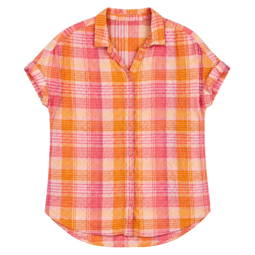 Time and Tru Short Sleeve Plaid Button-Up Shirt Size S (4-6) Pink Orange 1