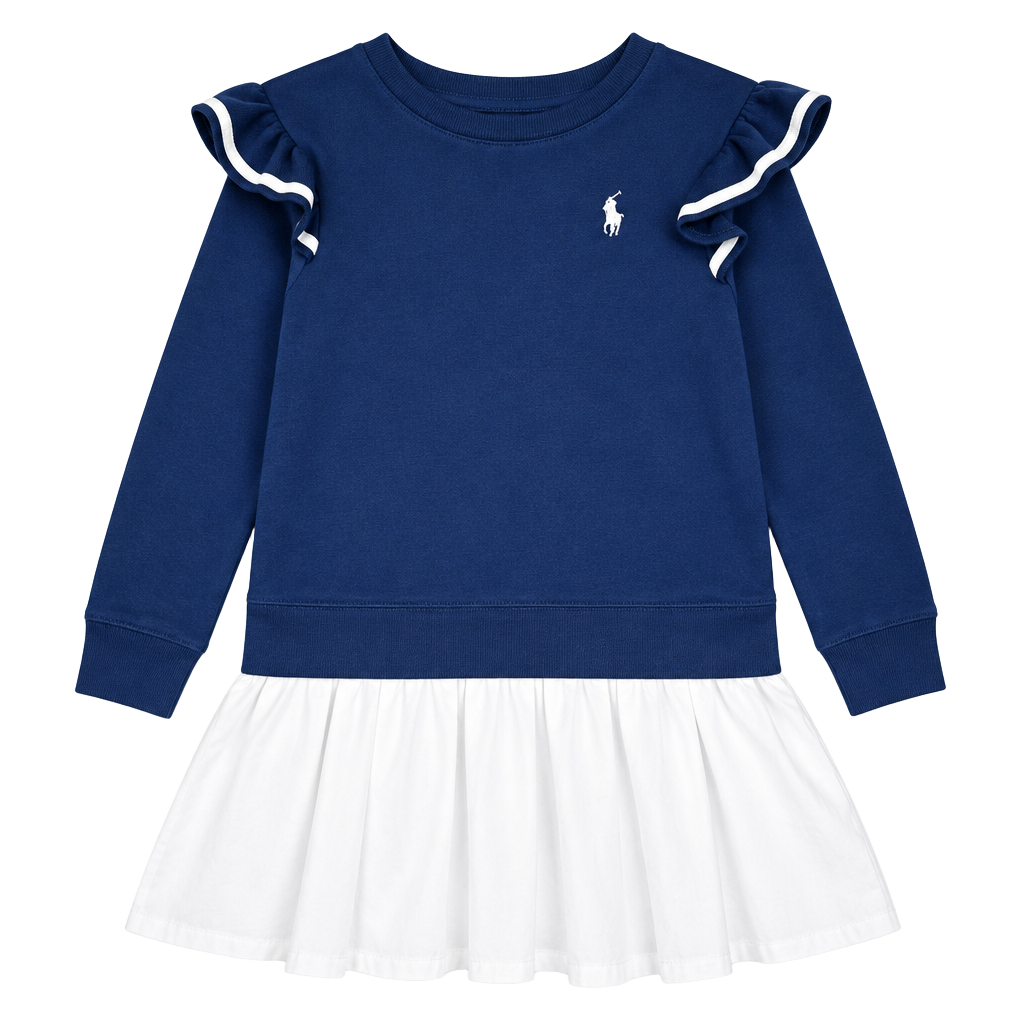 Polo Ralph Lauren Long Sleeve Crewneck Dress With Gathered Skirt - Navy/ White. Pc 140 1