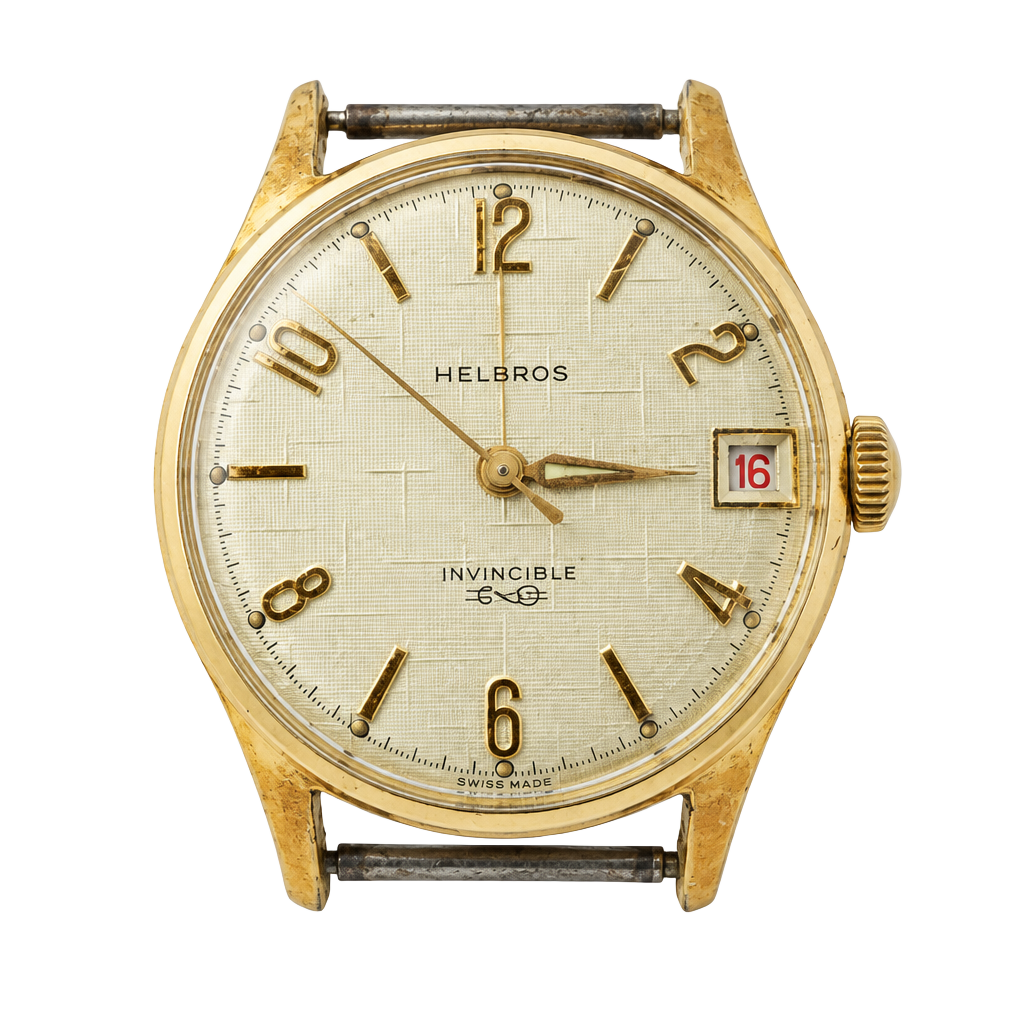 Helbros Invincible Automatic Date Watch Gold Tone Silver Dial 1