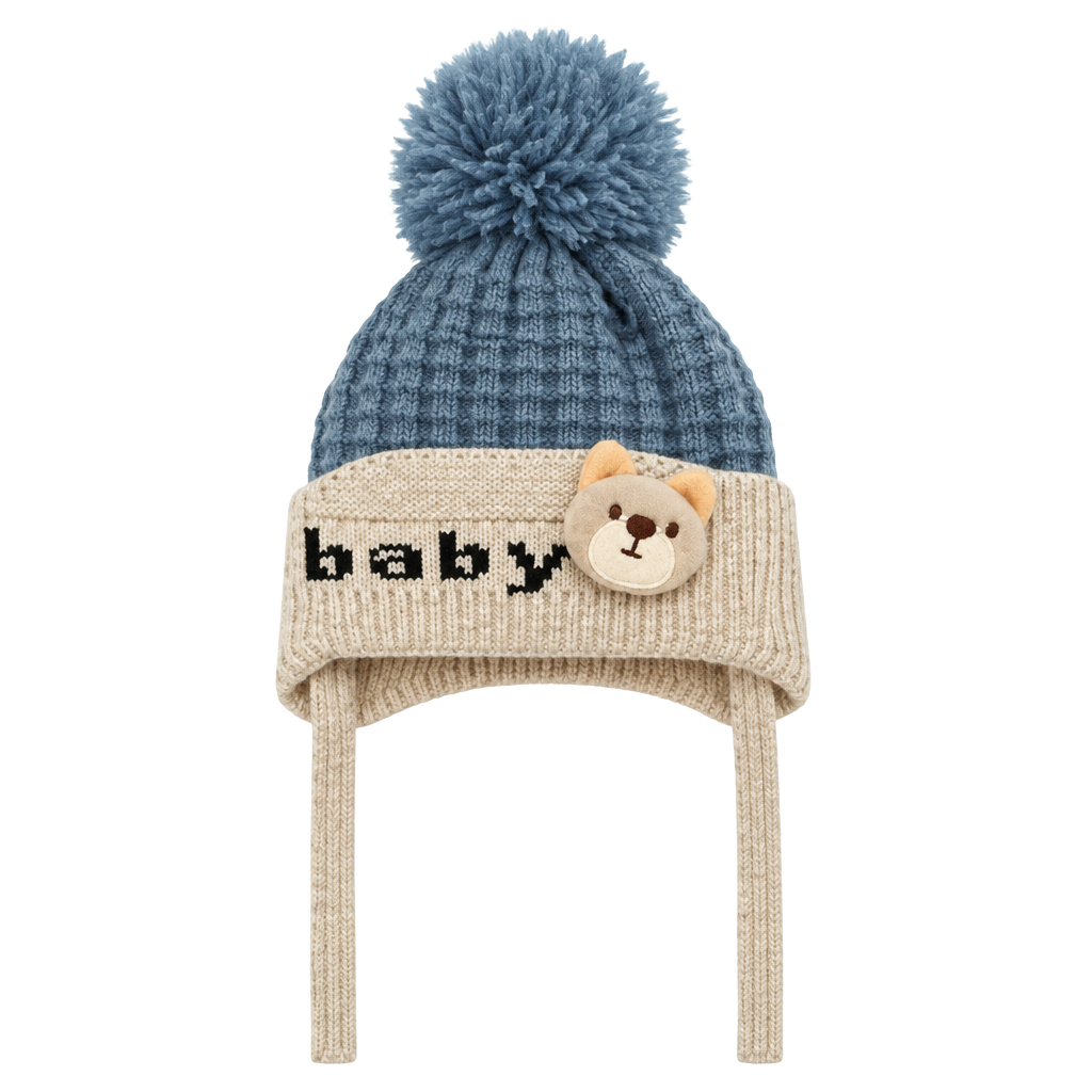 Unbranded Baby Bear Earflap Beanie Hat Blue Knit Pom Pom 1