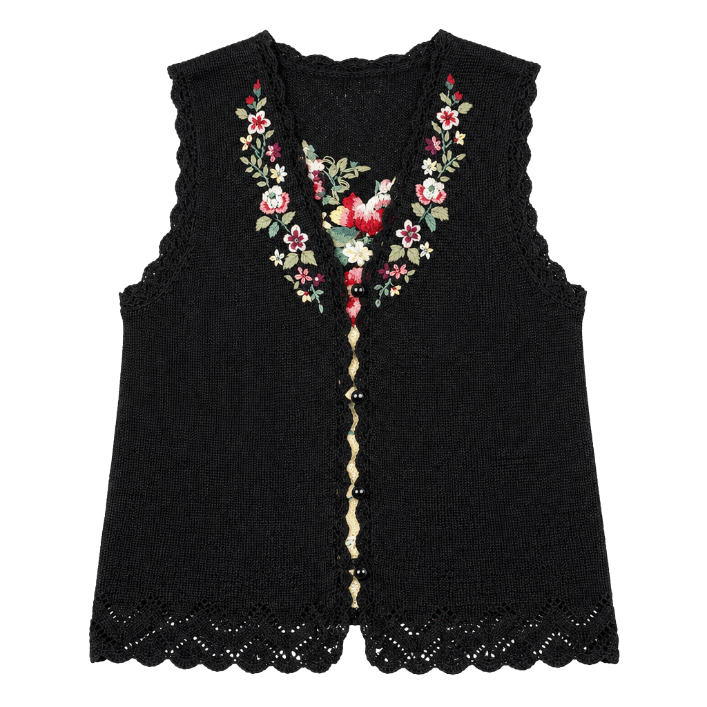 Capacity Petite Large Black Floral Embroidered Knit Sweater Vest with Scalloped 1
