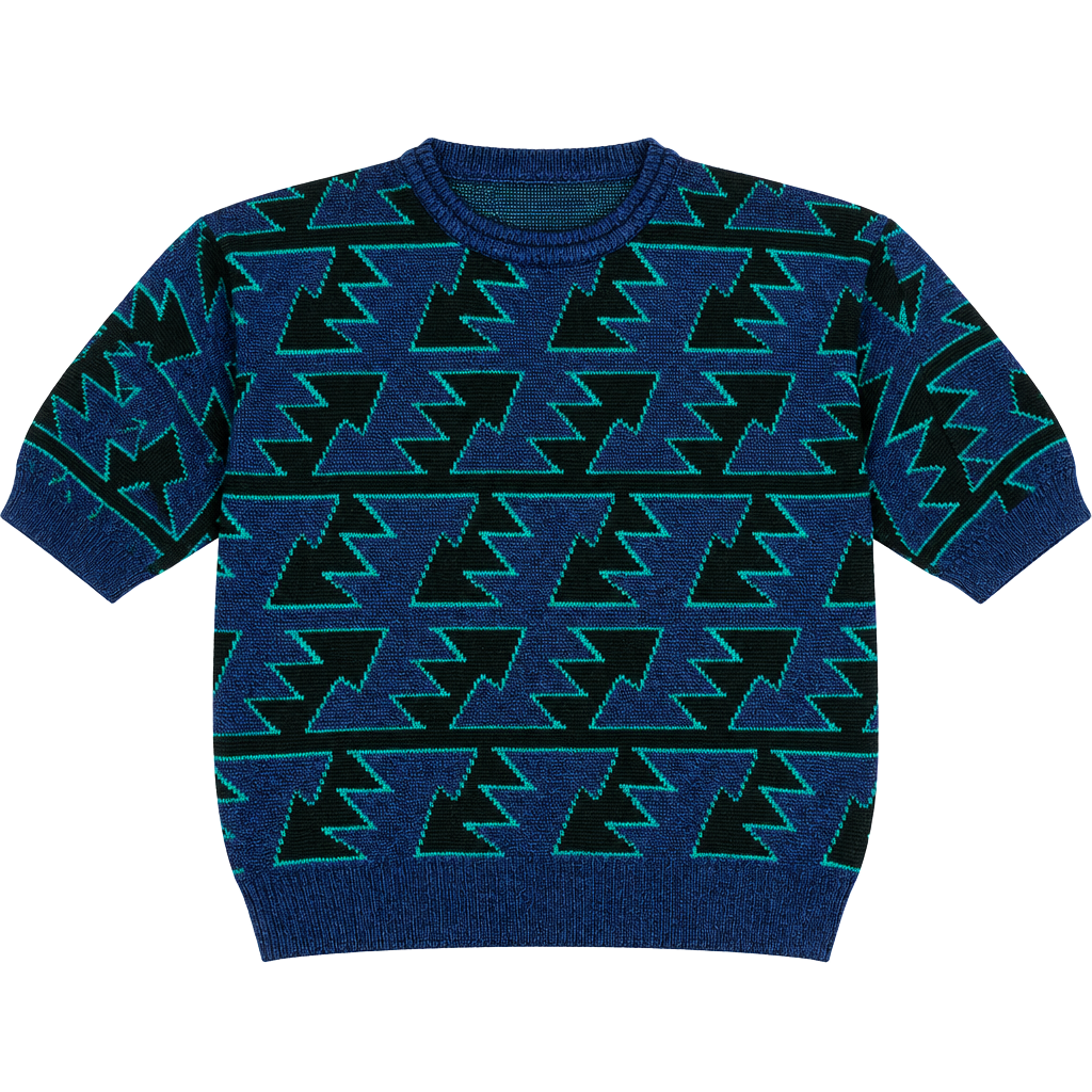 Vintage 90s Geometric Lightning Bolt Graphic Blue Black Knit Sweater 1