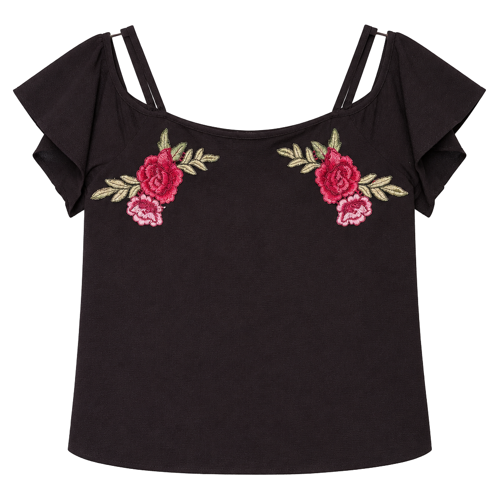 Black Cold Shoulder Embroidered Floral Top 1