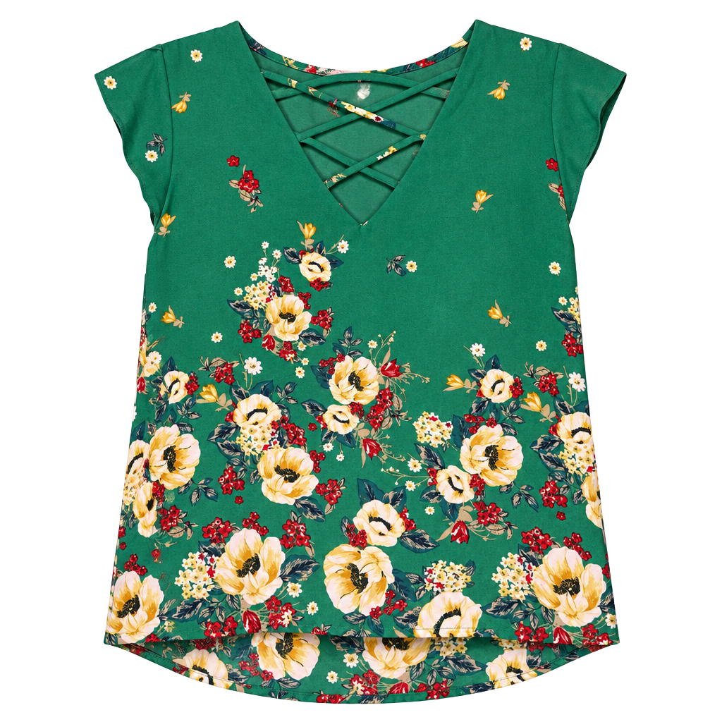 Crescent & Willoughby Blouse Size L Green Floral Criss Cross Neck 1