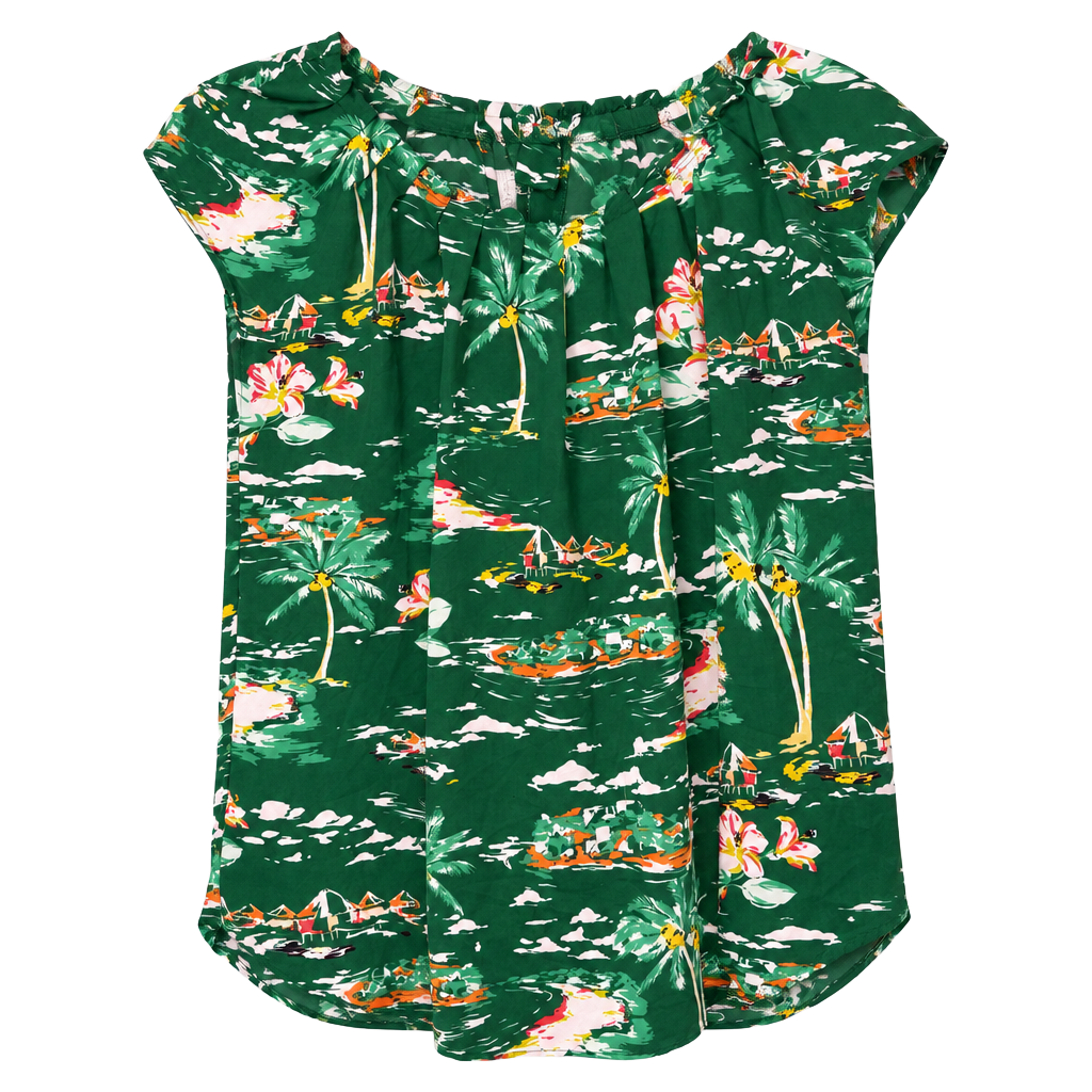 LC Lauren Conrad Blouse Size M Green Tropical Island Print Tie Back Top 1