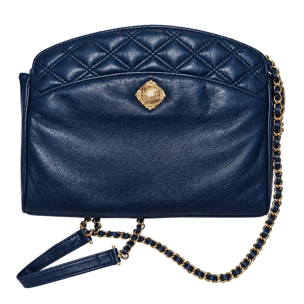 Vintage Monet Quilted Leather Crossbody Shoulder Bag Blue Gold Chain 1