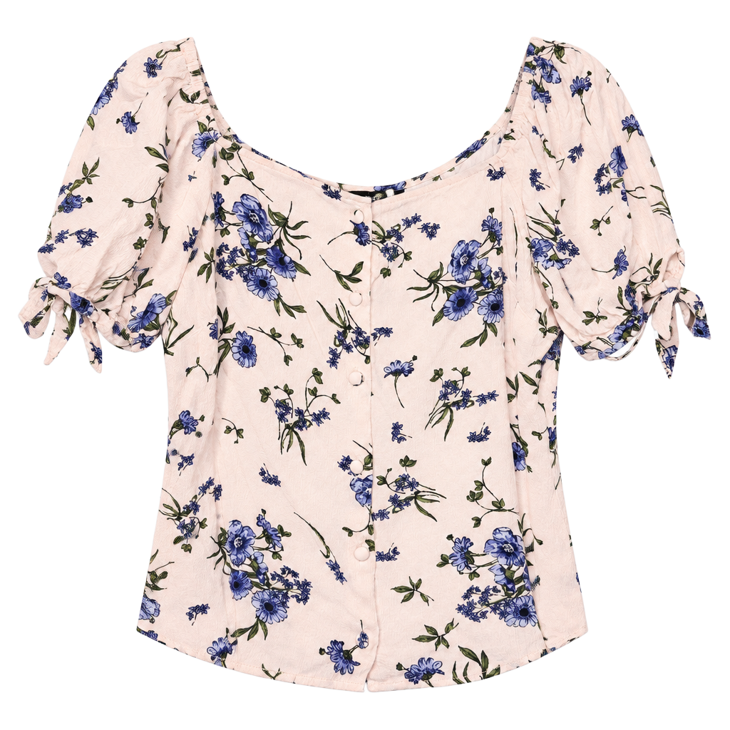 F&F Floral Blouse Size US 12 White Blue Square Neck Tie Sleeve 1