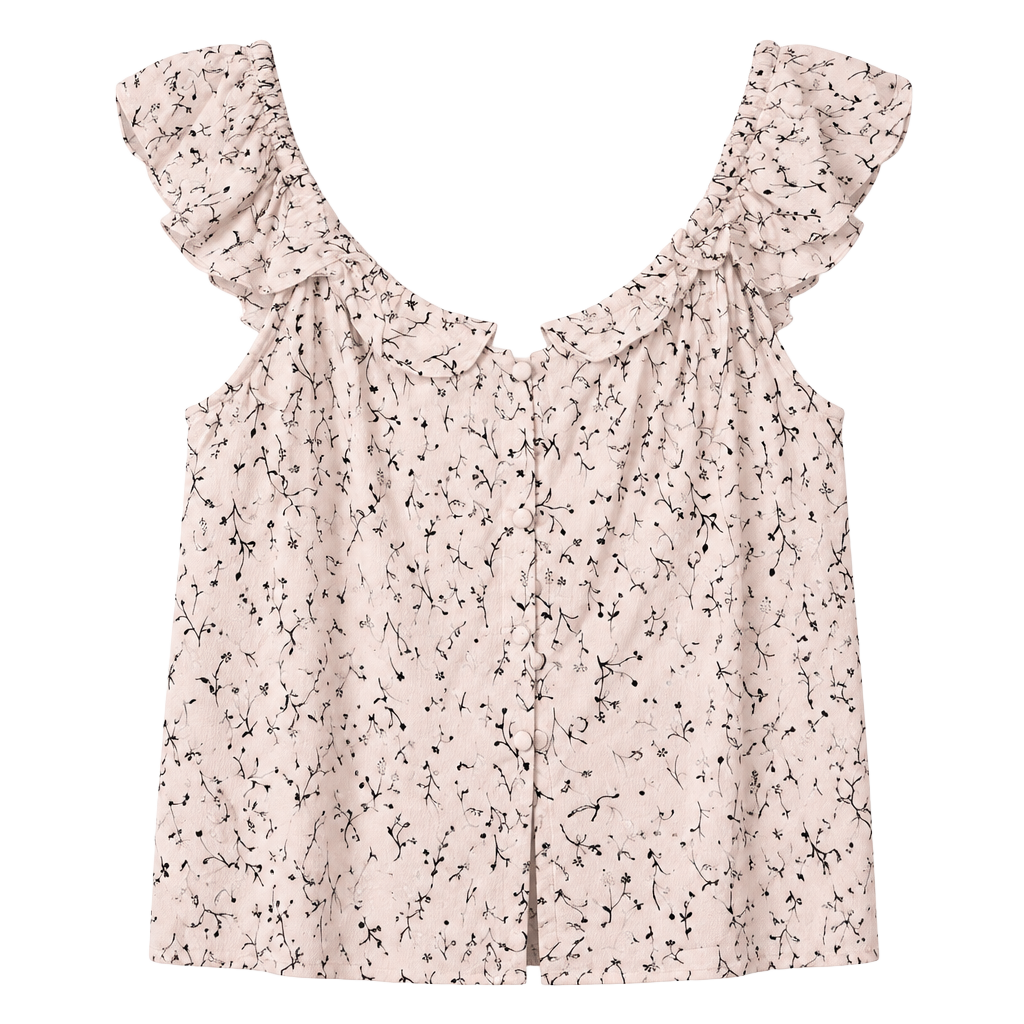 H&M Floral Ruffle Blouse Size L White Black Button Front Top 1
