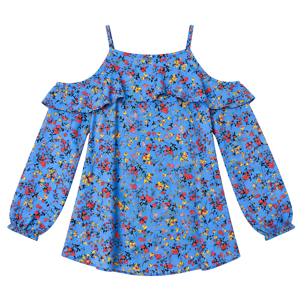 Papaya Floral Blouse Size 12 Cold Shoulder Ruffle Blue 1