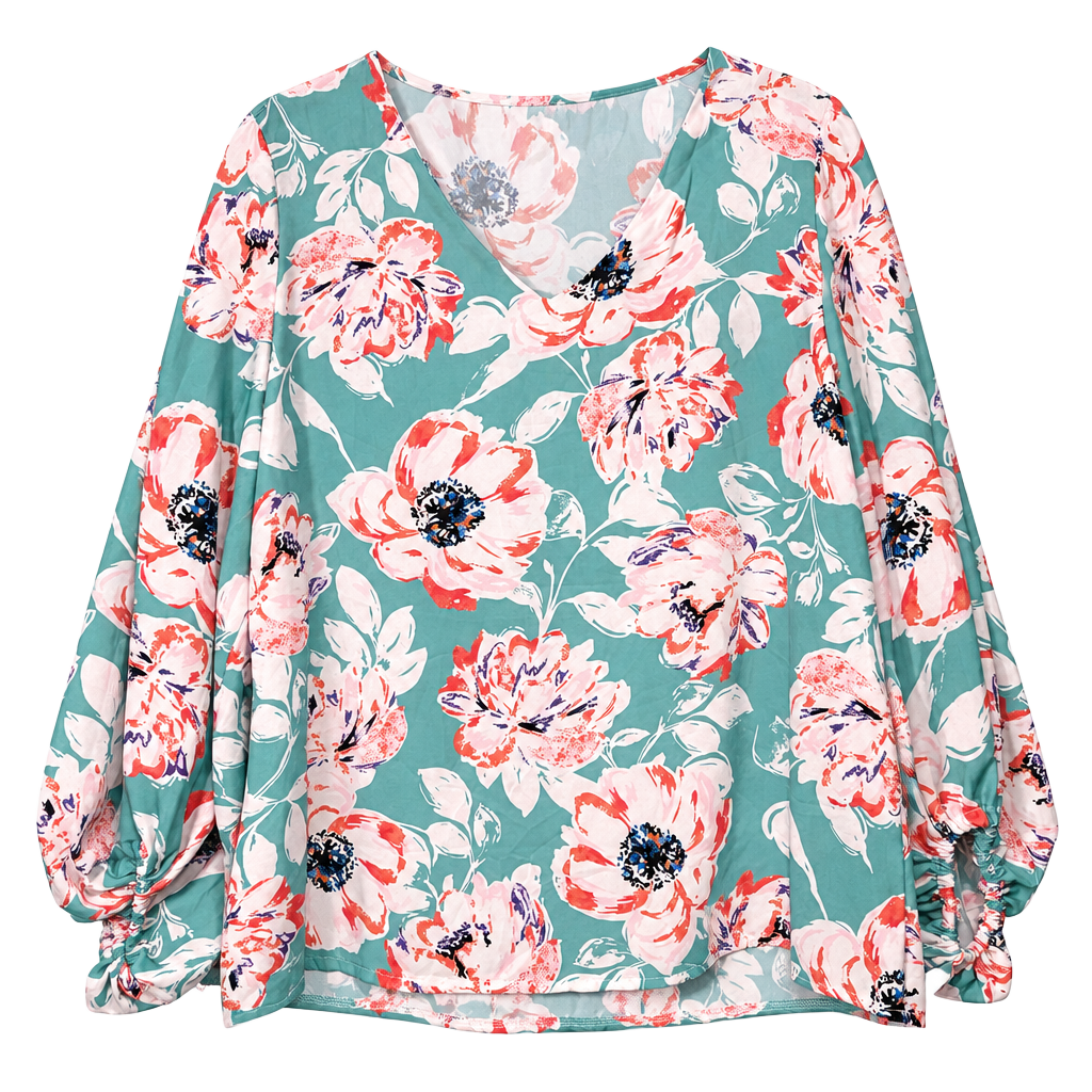 Floral V-Neck Long Sleeve Blouse Teal Pink 1