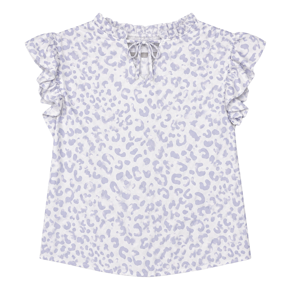 Unbranded Leopard Print Ruffle Blouse Size M Blue White Tie Neck 1