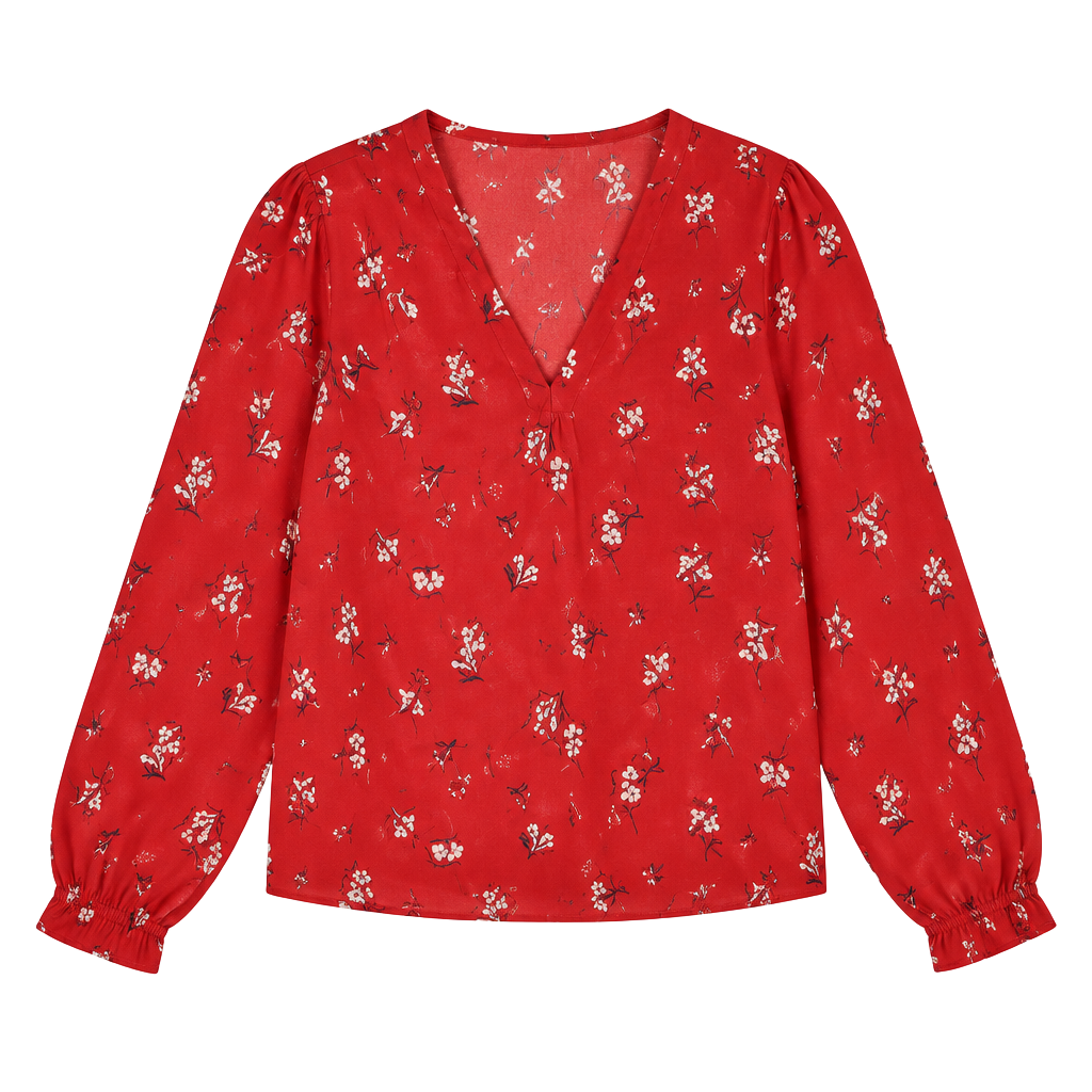 Banana Republic Red Floral Chiffon Pleated V-Neck Long Sleeve Blouse Size L 1