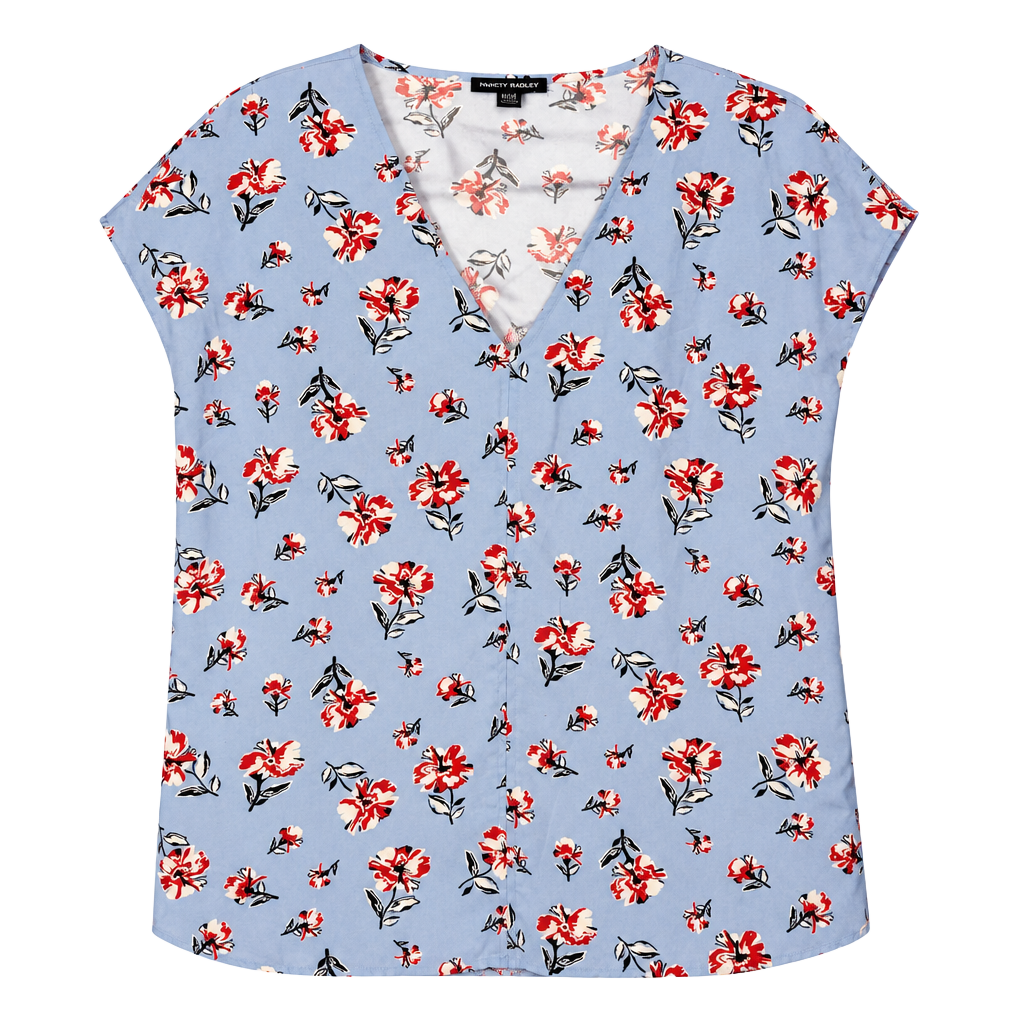 Hilary Radley Floral Blouse Size M Blue Red V-Neck Short Sleeve 1